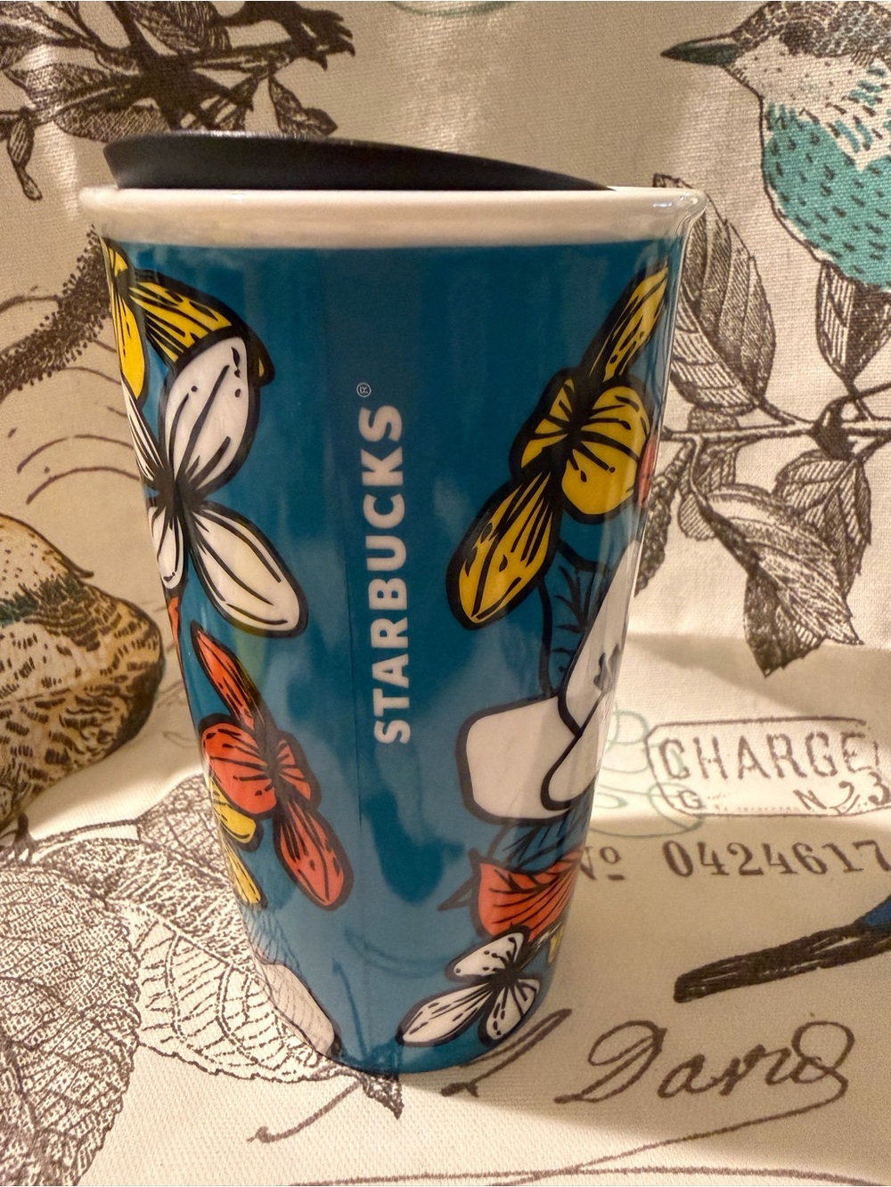 Starbucks Teal Floral Ceramic Travel Mug with Multi-Color Blooms